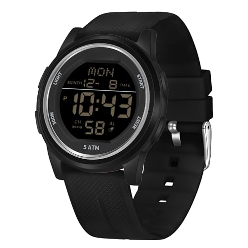 Forrader Orologio sportivo digitale da uomo, impermeabile, militare, con cronometro, retroilluminazione a LED, sveglia, conto alla rovescia, data, Nero , Classico