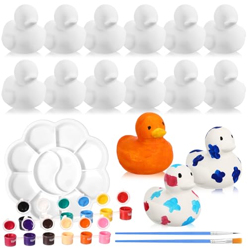 Blueweenly 17 Pcs Paint Your Own Ceramic Duck Craft Set Include 12 Unpainted Ceramic Duck 2 Strips of Paints with 1 Palette 2 Brushes