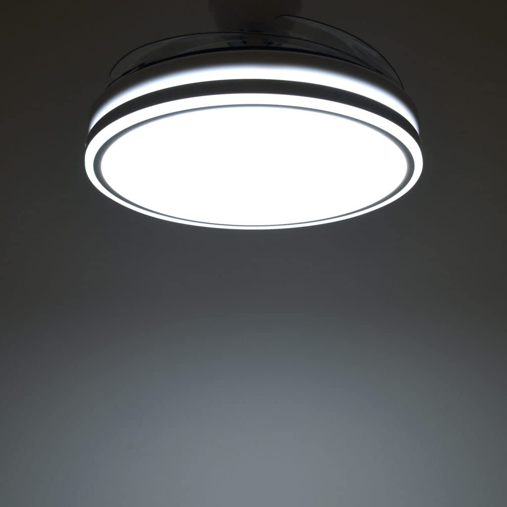 VENTILADOR TECHO LED APP MOVIL FACIL MONTAJE TECHO DC LED ATENUABLE RETRACTIL 4 ASPAS - Opción Sin Pitido, Temporizador, Invierno Verano, 3 Tonos, Modo Brisa, Bajo consumo (Blanco, 107D)