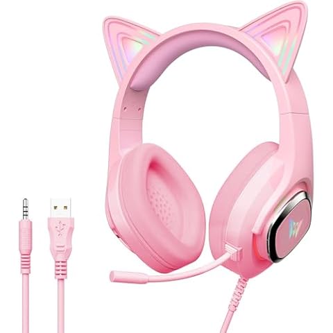 VIGROS Cat Ear Gaming Headphones Wired AUX 3.5mm LED Headphones Over-Ear Headsets for Kids Girls with Microphone for PC, PS4, PS5, Switch, Xbox, Mobile, Mac, Laptop Cover