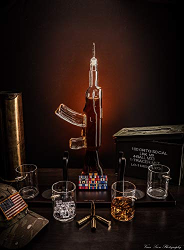 Gun Large Decanter Set Bullet Glasses - Limited Edition Elegant Rifle Gun Whiskey Decanter 22.5" 1000Ml With 4 Bullet Whiskey Glasses And Mohogany Wooden Base By The Wine Savant #TOP3