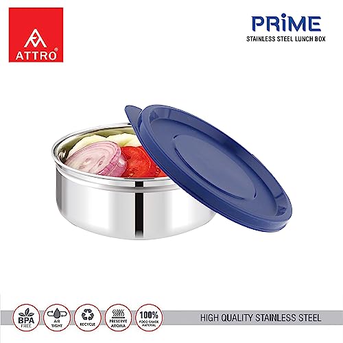 Image of ATTRO Prime Stainless Steel Single Wall Storage Containers Airtight & Leak Proof Containers for Office Use, School, Picnic, 250ml - Blue-Set Of 6