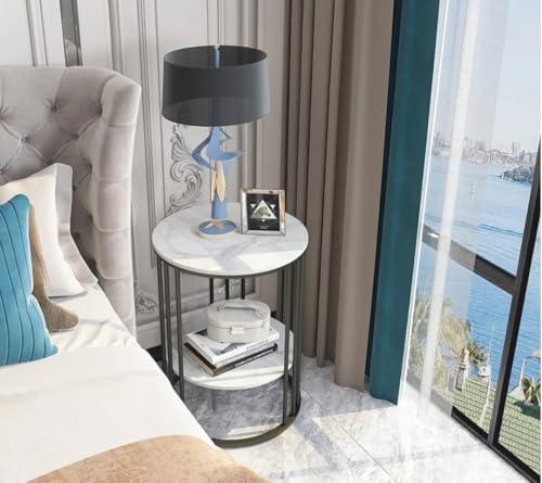 Image of 2 Tier Round Coffee Table with MDF Wood Faux Marble Top 54 x 40 cm | Gold Metal Frame | Storage Shelf | Bedside Nightstand for Living Room Bedroom Balcony Office | Black & White