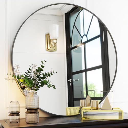 Black Round Bathroom Mirror 30", Thin Metal Frame Wall Mirror | Circle Vanity Mirror for Over Sink, Hanging or Leaning Decor for Hallway, Entryway, Fireplace Mantel, Living Room