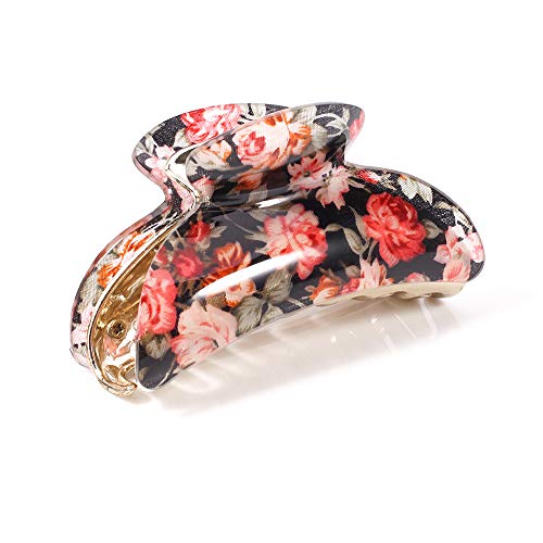 Hair Claw Clips Set For Women, Girls Medium Tortoise Shell Double Grip Teeth Clamps Strong Jaw Cute Floral Print Nonslip Acrylic Banana Design Thick / Thin Hair Hold Clutches Accessories 3.5" Twinfree - 4 Pack #TOP7