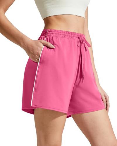 G4Free Athletic Shorts Women Wide Leg Drawstring Elastic Waist Workout Shorts Breathable Built-in Shorts with Pockets (Rosy Pink,XXL)