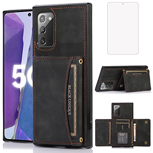 NKECXKJ Design for Samsung Galaxy Note 20 Wallet Case with Tempered Glass Screen Protector PU Leather Credit Card Holder Slot Phone Cases Kickstand Shockproof Protective Cover for Men 6.7 inch Black