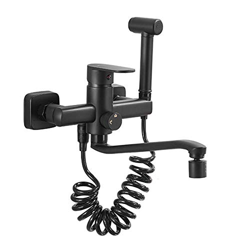 Wasserhahn Küche Wandmontage Schwarz, Küchenarmatur Messing Doppelloch Heiß und Kalt Wasserhahn mit Spritzpistole 360° Schwenkbar Spültischarmatur Küche-20Cm Cover