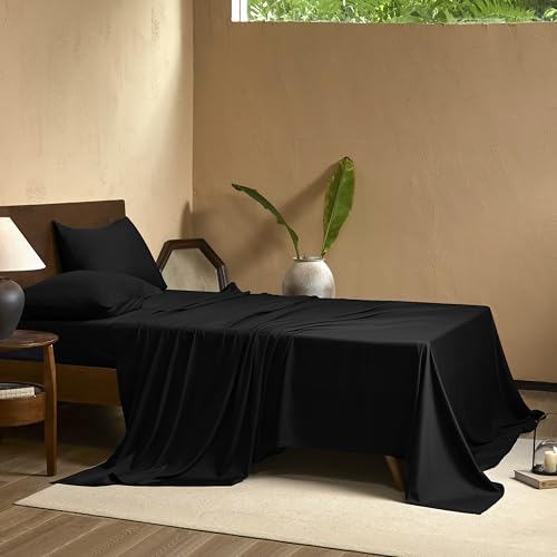 Image of EVERLY Full Sheets Set,Luxuriously 400 Thread Count Organic Viscose Derived from Bamboo Bed Sheet,Cooling Sheets for Full Size 4 Piece Deep Pockets Bedding Sheets &Pillowcases-Black