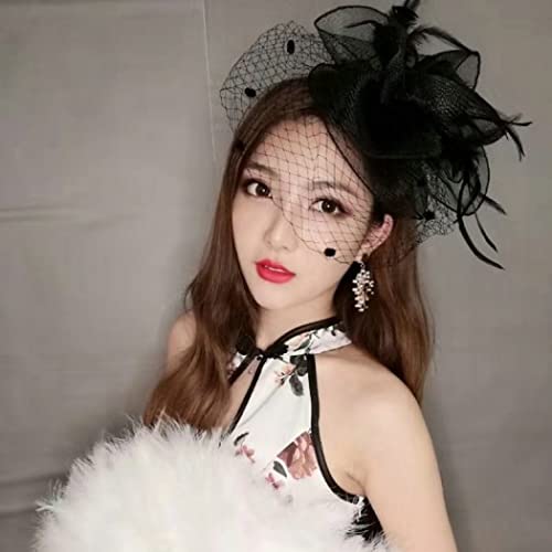 Goodern Women's Pillbox Fascinators Hat Headband Tea Party Fascinator Hat Veil Kentucky Derby Hat 1920s Hat Feathers Veil Mesh Headband 1920s Flapper Great Gatsby Headband Wedding Hat Tea Hat-Black