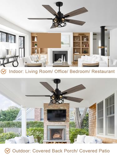 Image of 52 Inch Farmhouse Ceiling Fan with Lights Remote Enclosed Caged Fandelier Ceiling Fan Black Rustic Chandelier, 5 Dual Blades, Reversible Quiet DC Motor 6 Wind Speeds Timer for Bedroom Patio
