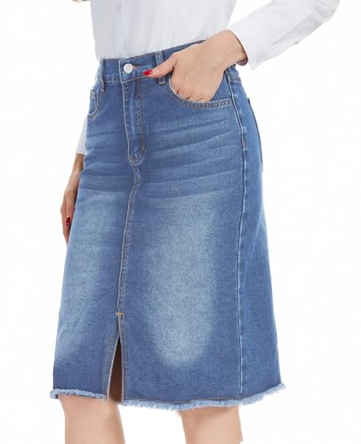 Image of MINTLIMIT Womens Denim Jean Skirt Midi Casual Stretchy Bodycon Jean Skirt with Pockets Blue