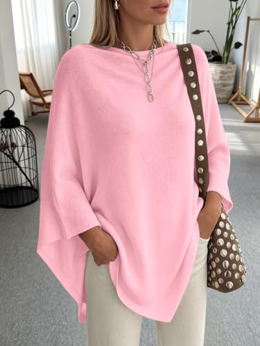 Saodimallsu Womens Poncho Sweater Boat Neck Batwing Sleeve Fall Trendy Casual Knit Pullover Cape Shawl Tops Pink — view 2