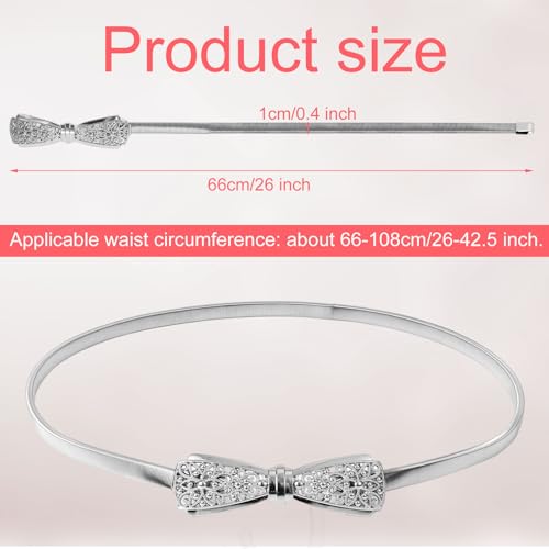 Silver Metal Cinch Belt, Bow-Knot Stretch Belt with Rhinestones, Elastic, 26-42.5 Inch, Women's Fashion Accessory2