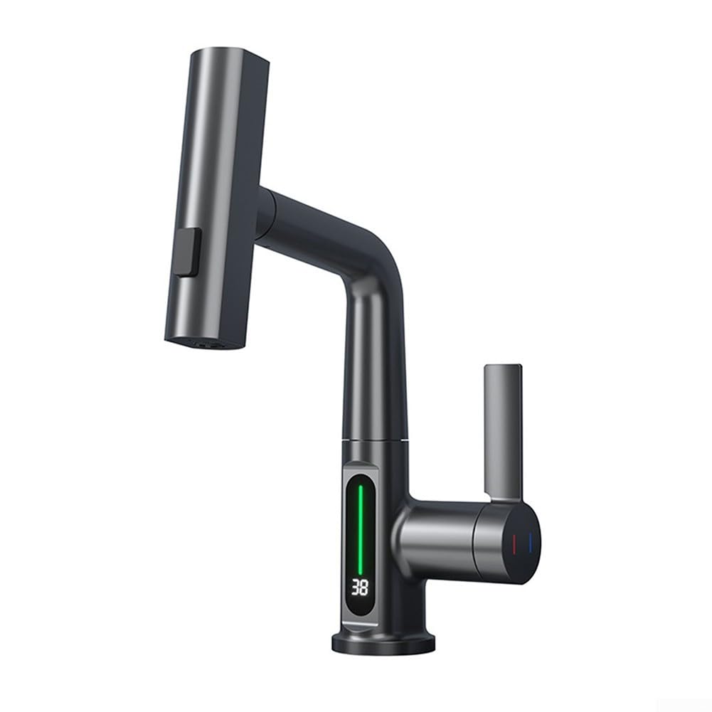 Grifo de cocina extraíble giratorio de 360 grados, pantalla digital de temperatura, material de latón en la boquilla para un manejo seguro del agua, manguera extensible de 60 cm, multiaplicación (gris