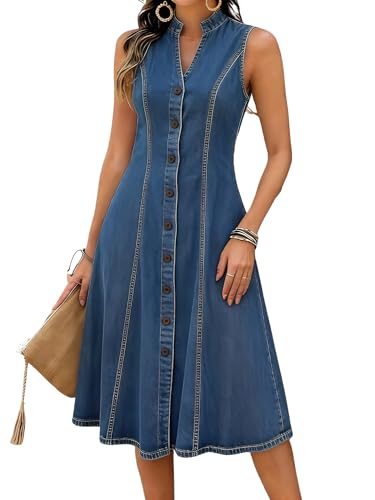 chouyatou Women's Sleeveless Denim Tank Dress V Neck Button Front A Line Midi Jean Sundress with Pockets (Large,Blue)