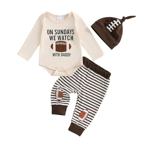 Karuedoo Newborn Baby Boy Football Outfit On Sundays We Watch Football with Daddy Romper Striped Pants Hat 3Pcs Outfits Set (Beige, 0-3 Months)