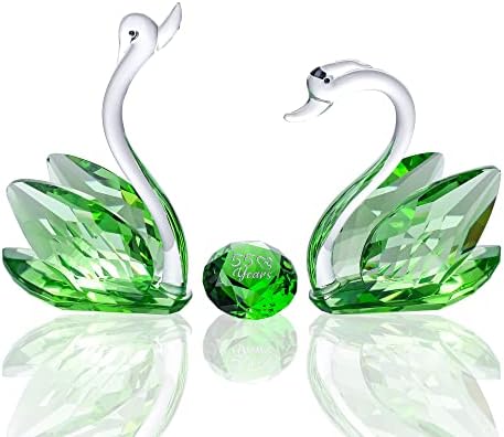 Set of 2 Crystal Green Swans for Wedding Gifts for Couple 55 Years Marriage Emeraled 55th Wedding Anniversary Presents for Parents Glass Swans Figurines Collectibles With Diamond Cut Home Decorative