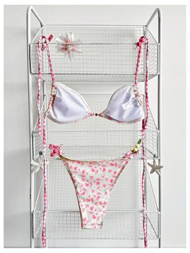 Image of Women's Floral Print Cheeky Bikini Sets Pearl Decor Halter Triangle High Cut String Thong Swimsuits