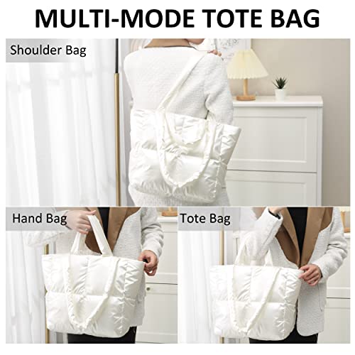 Plusfeel White Puffer Bag Quilted Shoulder Handbag Versatile Soft Padded Tote Bag For Shopping And Everyday Use, White #TOP2