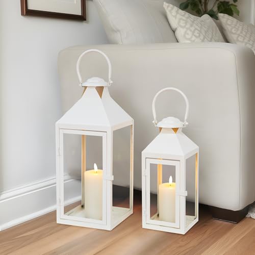 JHY DESIGN Set of 2 Cream Decorative Lanterns 17.5inch&13.5inch Metal Candle Lanterns for Indoor Outdoor Events Paritie and Weddings Vintage Style Hanging Lantern