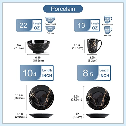 Foto von LOVECASA SWEET Porzellan Kombiservice, Serie Daphne 32-teilig, Geschirrset mit Goldspritzer-Motiv, Speiseteller, Dessertteller, Müslischalen und Kaffeetassen für 8