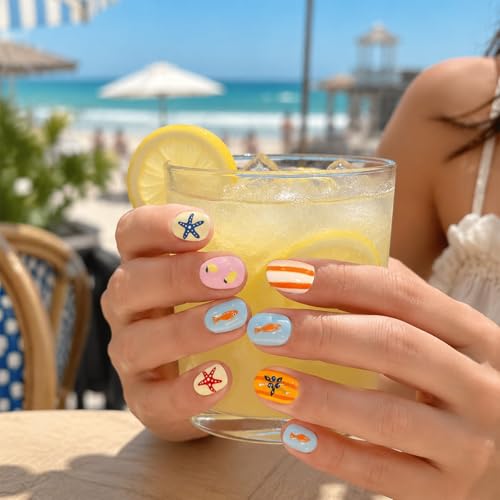 Rimotedeso, faux ongles à coller, 24 pièces, courts carrés, été océan citron, réutilisables autocollants, avec pastilles adhésives bâtonnet en bois lime, multicolore – vue 5