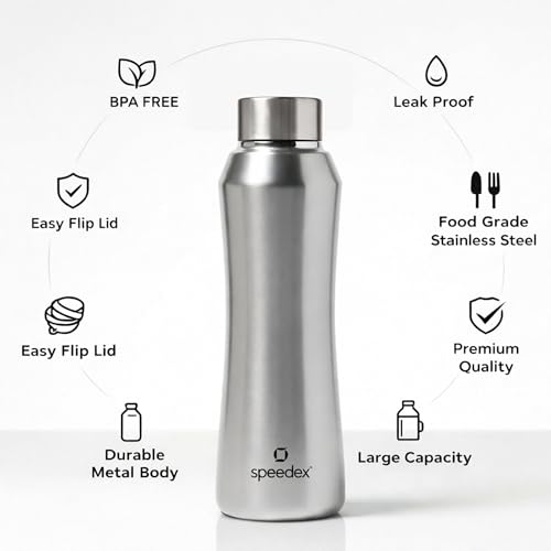 Image of Speedex Stainless Steel Water Bottle 1 Ltr, Leak Proof Screw Cap, BIS Approved 1000 ml Metal Bottle For Daily, Office, School, Gym, Travel Use for Men, Women, Kids, Adults, Silver, Set of 4