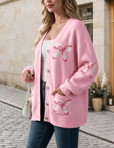Libsorge Womens Cute Bow Button Long Sleeve Cardigan Sweaters, Pink, M — view 3