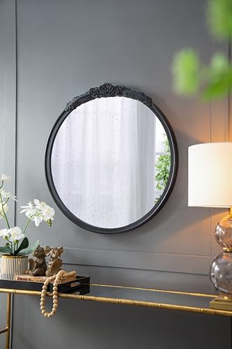 Hand Carved Antique Rose Round Wall Mirror 30 Inch Vintage