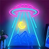 UFO Neon Sign for Wall Decor Alien Spaceship Mountain Neon Sign Dimmable Moon LED Neon Light Signs Light Up Sign for Bedroom Kids Space Game Room Decor Beer Bar Nightclub Shop Gift