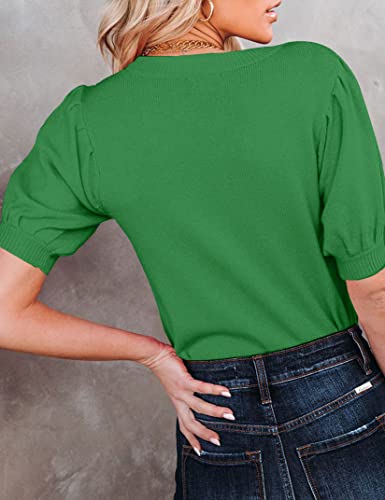 Image of Womens Puff Short Sleeve Sweater Tops Crewneck Basic Knit Pullover Lightweight Solid Casual Sweaters