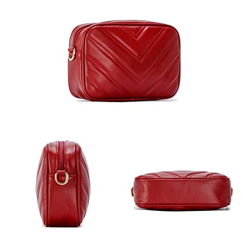 Image of Herald Chevron Quilted Small Crossbody Bag with Coin Purse Pouch, Women Square Camera Side Shoulder 2 Size Handbags (Red)