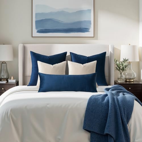 Image of MIULEE 28x28 Inch Euro Sham Velvet Pillow Covers, Set of 2 Large Square Decorative Pillows -Dark Blue Super Soft for King Bed, Sofa, Couch, Accent Chairs with Hidden Zipper