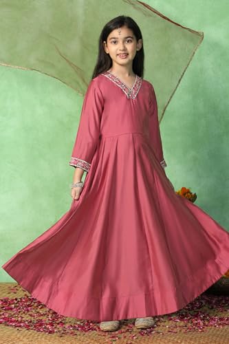 Image of Fashion Dream Girls Chanderi Embroidered Maxi Dress with Dupatta|Ethnic Gown for Kids