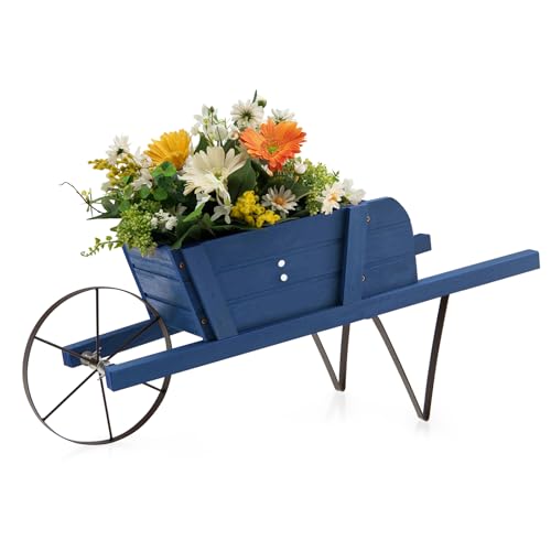 CHEFJOY Wooden Wagon Planter, 27.5"x10.5"x11.5" Wheelbarrow Cart Plant Pot with