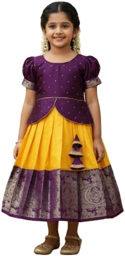Girls Jacquard New South Indian Traditional Pattu Pavadai Jecquard Readymade Lehenga Choli