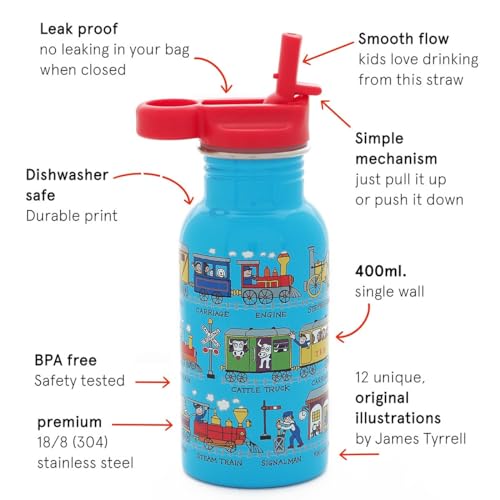 Tyrrell Katz Kids Water Bottle with Straw, Trains Design, Stainless Steel Water Bottles for School, BPA-Free, Leak Proof, Dishwasher Safe, 400ml - Image 3