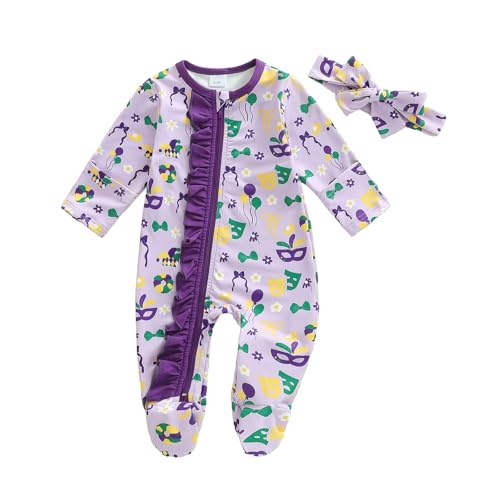 Ayalinggo Newborn Baby Romper Infant Girl One-piece Outfit Waffle Ruffle Zip Footie Spring Summer Clothes With Bow Headband Purple Mardi Gras 0-3 Months