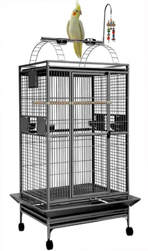 Extra Large Deluxe and Durable Wrought Iron Play Top Double Metal Walk Ladder Perch Stand Bird Parrot Macaw Cockatoo Bird Rolling Cage with Toy Hook (Black Vein, 28