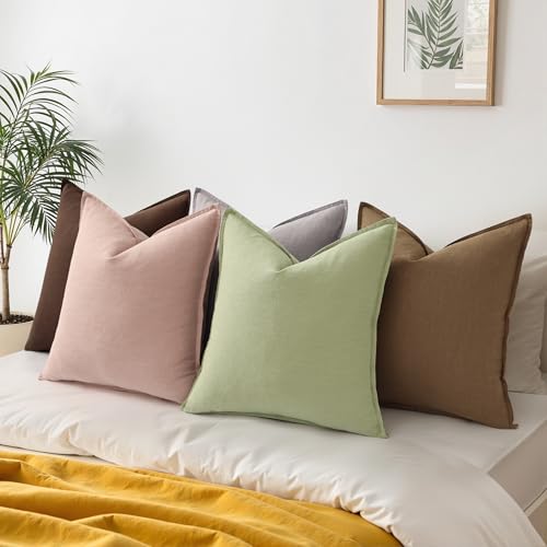 Image of decorUhome Fall Decorative Linen Throw Pillow Covers 18x18 Inch Set of 2 Chocolate Pillow Covers with Flange Edges Soft Farmhouse Boho Accent Pillow Cases for Couch Bed Living Room