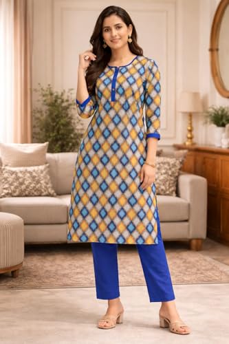 Image of Women's Cotton Blend Unstitched Kurti Set for Women | A-Line Style Dress Material | 2-Piece Traditional Ethnic Wear Suit Fabric