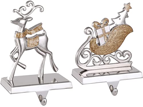 Reindeer Christmas Stocking Holders for Mantle Set of 2 Christmas Stocking Hangers for Fireplace Anti-Slip Reindeer and Santa Stocking Hanger Sturdy Metal Mantel Clip Christmas Decorations (Silver, 2)