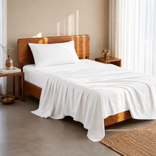 Image of LANE LINEN 100% Organic Cotton Bedsheet for Single Bed - White | GOTS Certified, Percale Weave, 60x90 inches, Soft & Breathable, Machine Washable, Includes 1 Pillow Cover