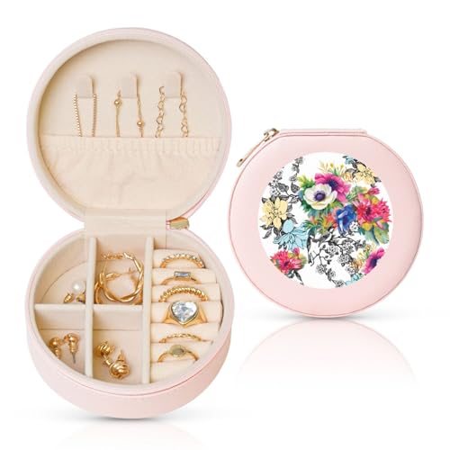 EZDLOWVBA Schmuckkästchen mit Blumenmotiv, Motiv: Wildblumen, Vögel, Blätter, Äste, Druck, PU-Leder, Reise-Schmuck-Etui, Mini-Schmuck-Aufbewahrungsbox für Ringe, Ohrringe