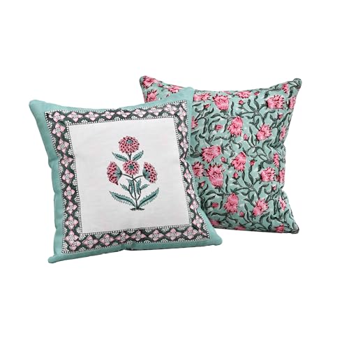 Image of BLOCKS OF INDIA Hand Block Printed Cotton Linen Cushion Cover (16 x 16 inches) (SEA Green Motifs)