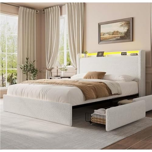 Queen LED Bed Frame with 4 Storage Drawers and Storage Headboard, Soft Boucle Upholstered Platform Bed Frame with Charging Station and USB Ports, Soli