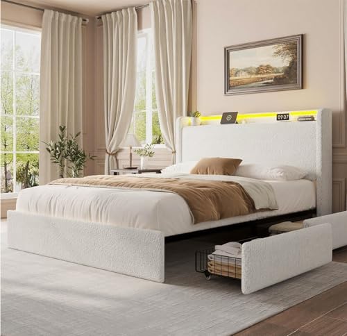 Queen LED Bed Frame with 4 Storage Drawers and Storage Headboard, Soft Boucle Upholstered Platform Bed Frame with Charging Station and USB Ports, Solid Wood Slats Support, No Box Spring Needed, White by Garvee - Used condition - US$184.31