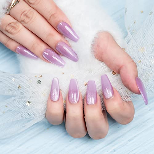 Sun&Beam Nails Handmade Press-On Medium Long Coffin Ballerina with Lavender Purple Cat Eye Design Charm Cute False Nail Tips 10 Pcs (#85 XS) - Image 2