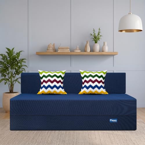 Image of Starlon 3 Seater Foldable Sofa Cum Bed 3-in-1 with 2 Waves Pattern Pillows, Washable Jute Fabric Cover, Space Saving Guest Bed, Pre-Assembled Royal Navy Blue 6x6 Ft